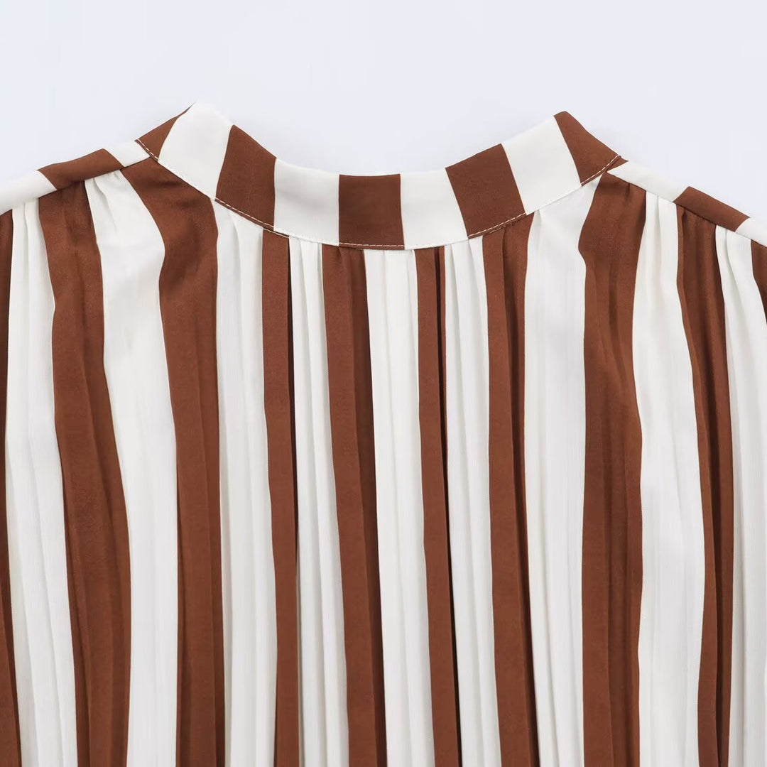 Women's Striped Midi Dress with Stand-up Collar, Tailored Belt and Flared A-Line Skirt Amarae