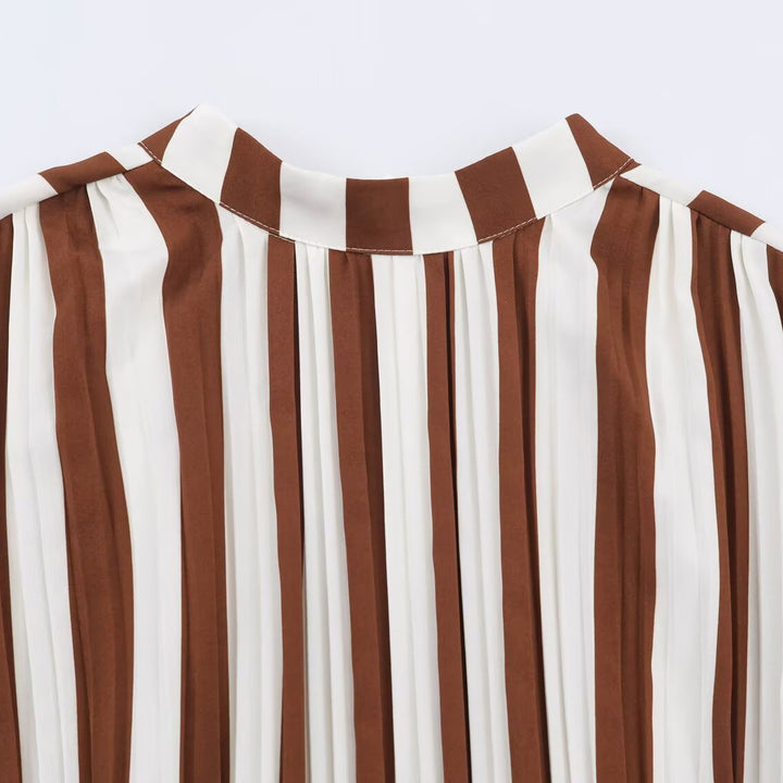 Women's Striped Midi Dress with Stand-up Collar, Tailored Belt and Flared A-Line Skirt Amarae