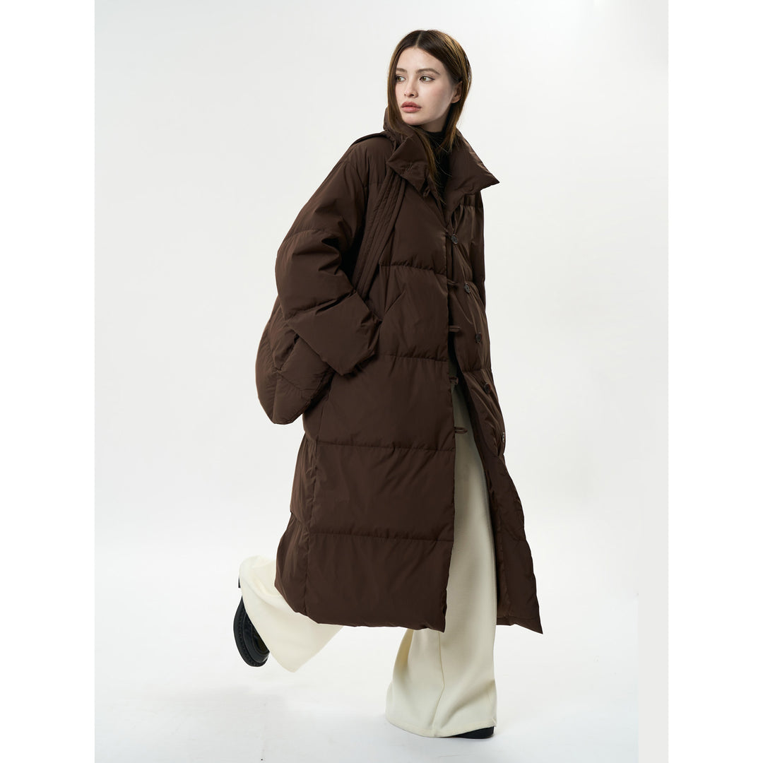 Women's Longer Quilted Down Look Coat with High Stand-Up Collar and Button Toggle Closure Amarae