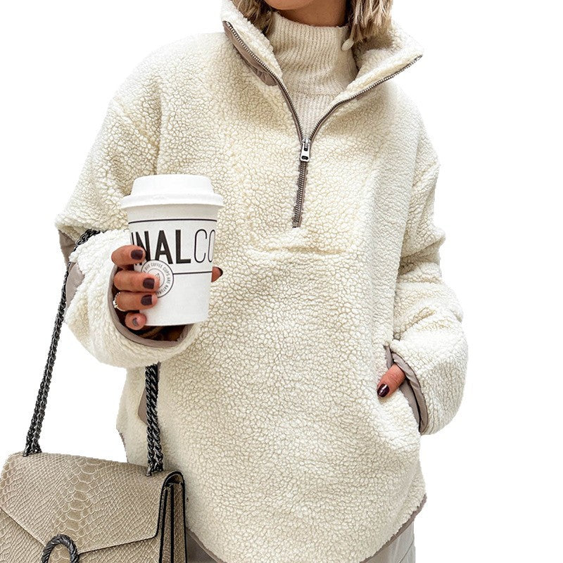 Women's Oversized Sherpa-Fleece Pullover with Half Zipper and Kangaroo Pocket Amarae