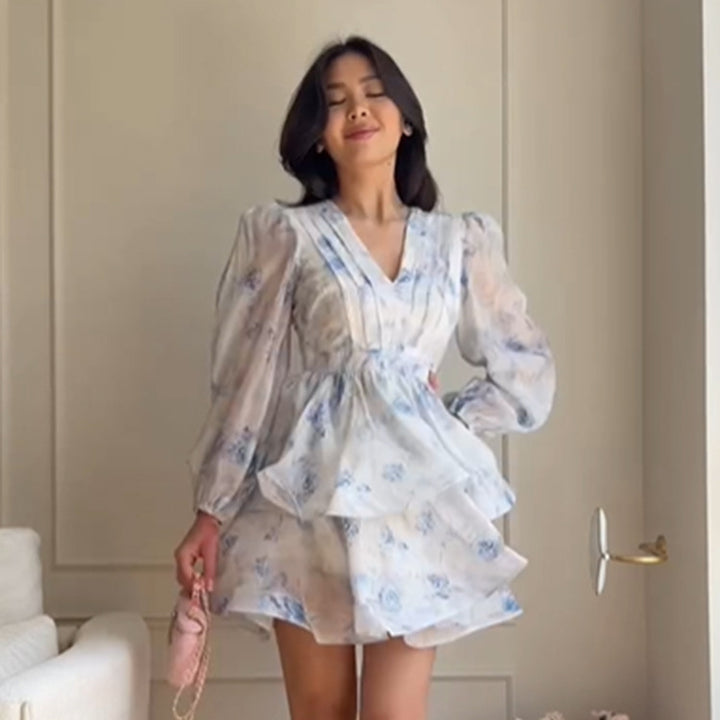 Women's Floral Chiffon Mini Dress with V-Neck, Ruched Waist and Layered Ruffle Skirt Amarae