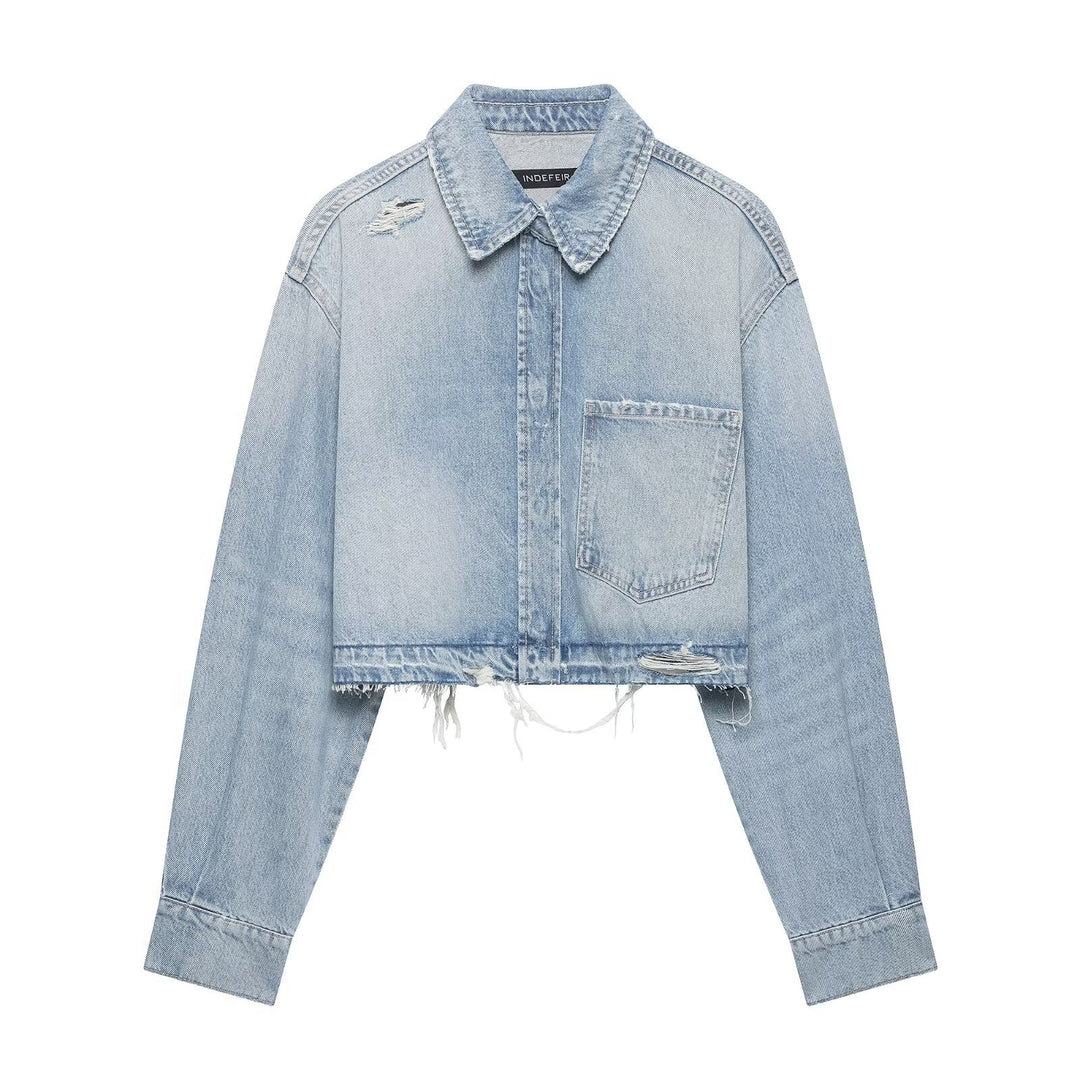 Women's Cropped Denim Jacket in Used-Look with Frayed Hem and Oversized Sleeves Amarae