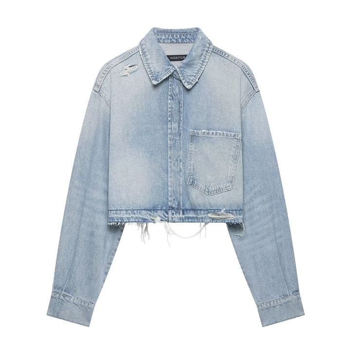 Women's Cropped Denim Jacket in Used-Look with Frayed Hem and Oversized Sleeves Amarae