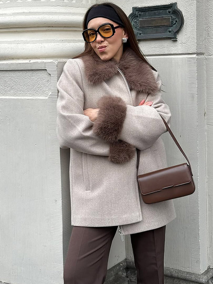 Women's elegant short coat made of wool blend with detachable woven fur collar and concealed two-way zipper Amarae