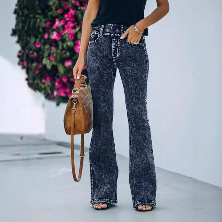 Ladies high-waisted faded flared jeans with double button waistband and shaping stretch cut Amarae