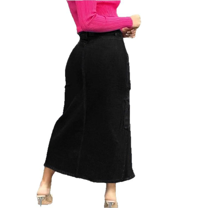 Women's cargo jeans midi skirt with front slit and patch cargo pockets Amarae