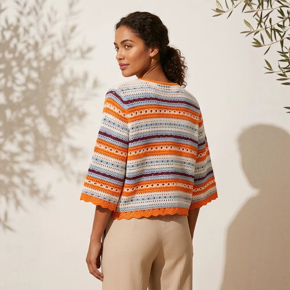 Women crocheted short jacket with shell hem, 3/4 sleeves & fine lace pattern Amarae