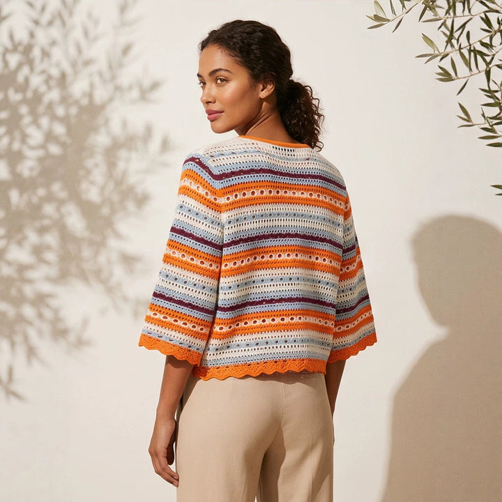 Women crocheted short jacket with shell hem, 3/4 sleeves & fine lace pattern Amarae