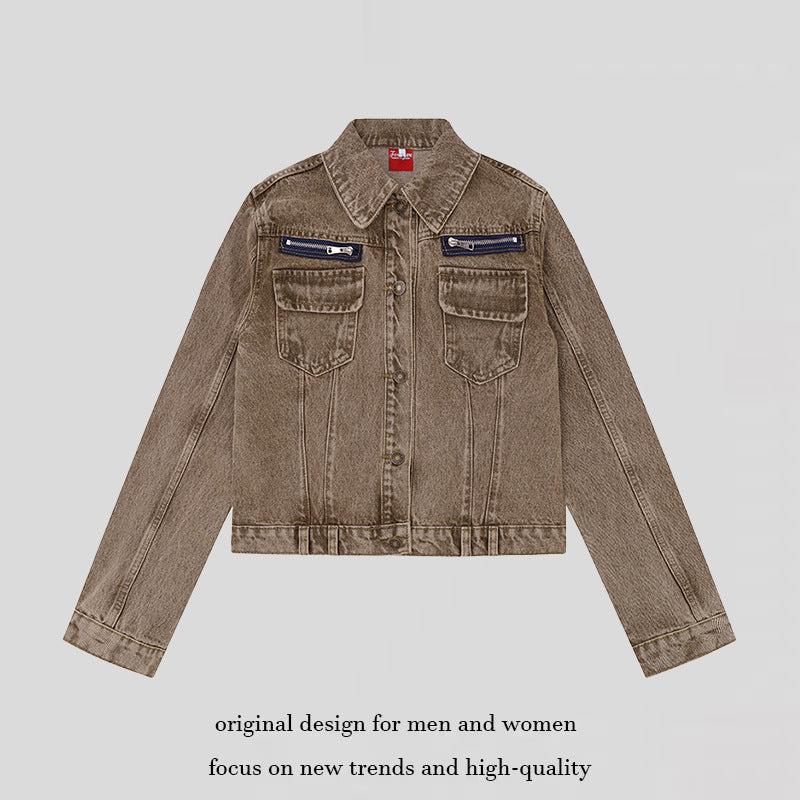 Women's short vintage denim jacket with chest pockets, zipper detail and button placket Amarae