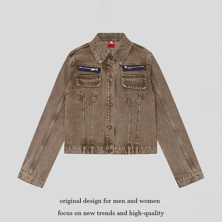 Women's short vintage denim jacket with chest pockets, zipper detail and button placket Amarae