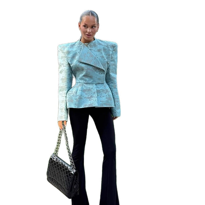 Ladies Tailored Jacquard Blazer with Defined Shoulders, Peplum and Asymmetrical Lapel Amarae