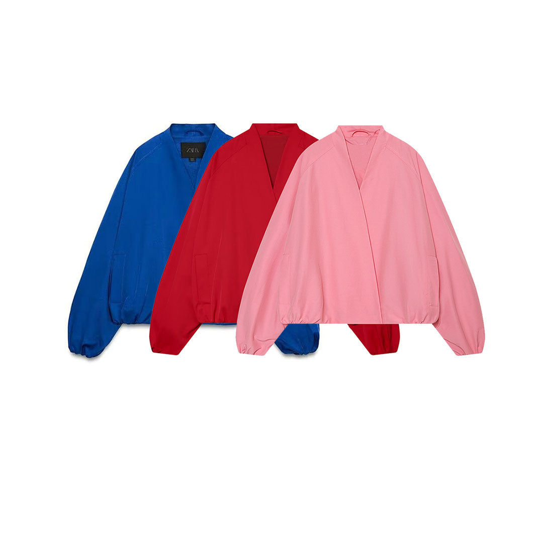 Women's bomber-style short jacket with kimono collar, balloon sleeves, and elastic hem Amarae