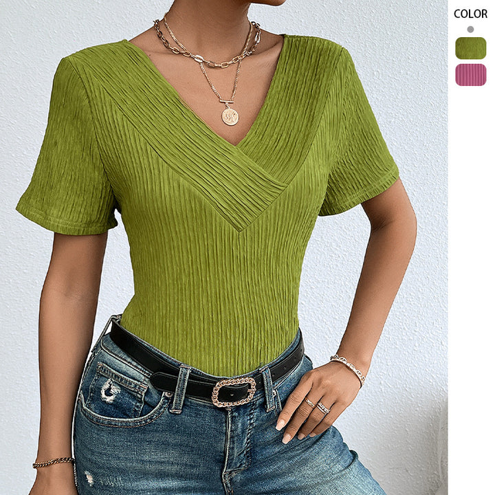 Elegant V-neck T-shirt for women with pleated texture Chic & Stil