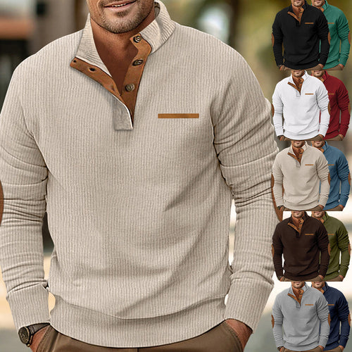 Elegant men's long sleeve sweater with a textured structure and button placket Amarae