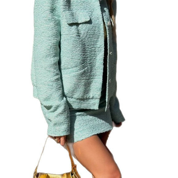 Women Tweed Two-Piece Short Jacket and Mini Skirt in Boucle Style Amarae