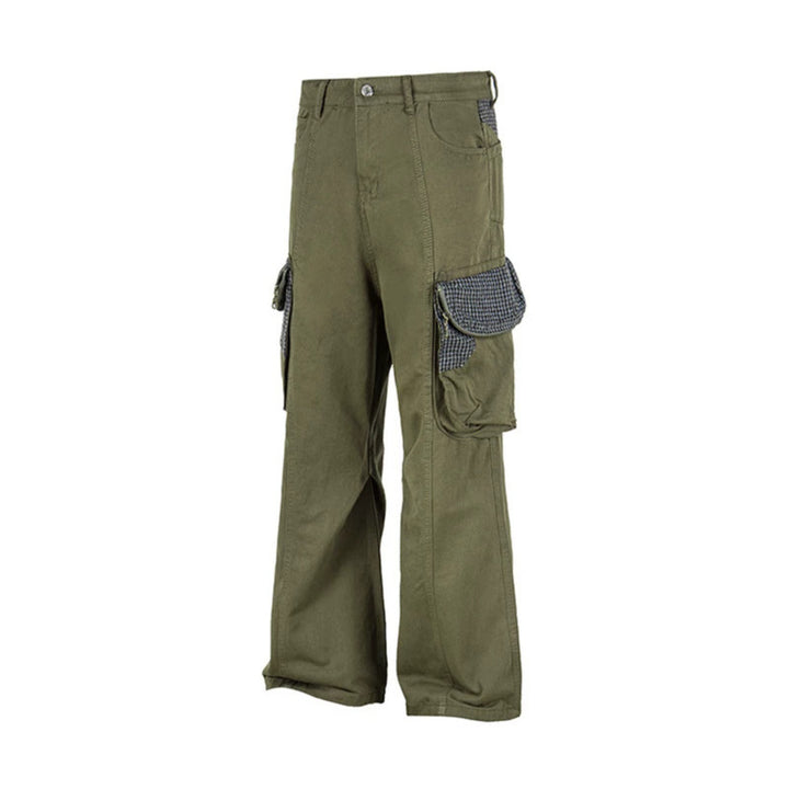 Women Cargo Pants with Wide Leg, Utility Pockets and Plaid Pattern Details Amarae