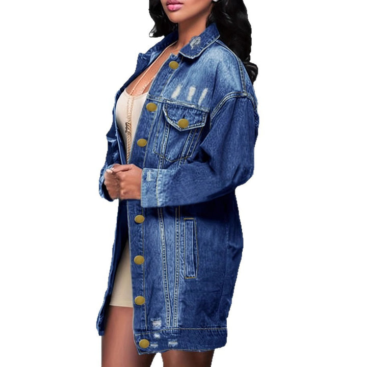 Women's Oversize Longline Denim Jacket with Distressed Details and Flap Pockets Amarae