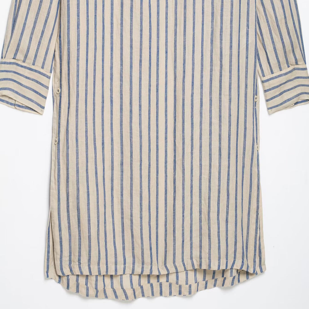Women’s Long Shirt Dress in Linen Look with Striped Pattern and Side Slits Amarae