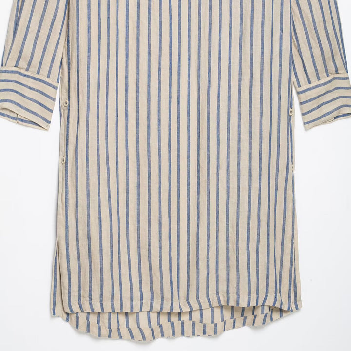 Women’s Long Shirt Dress in Linen Look with Striped Pattern and Side Slits Amarae