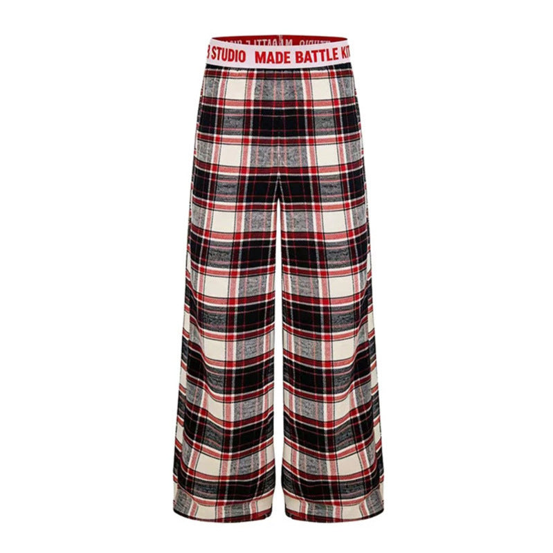 Ladies Wide Lounge Pants with Check Pattern and Elastic Logo Waistband Amarae