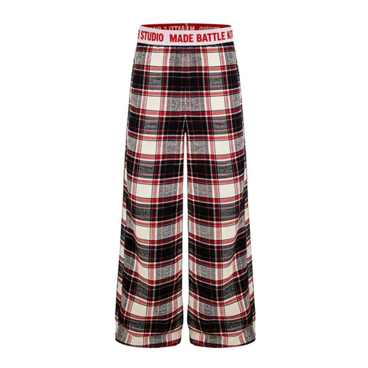 Ladies Wide Lounge Pants with Check Pattern and Elastic Logo Waistband Amarae