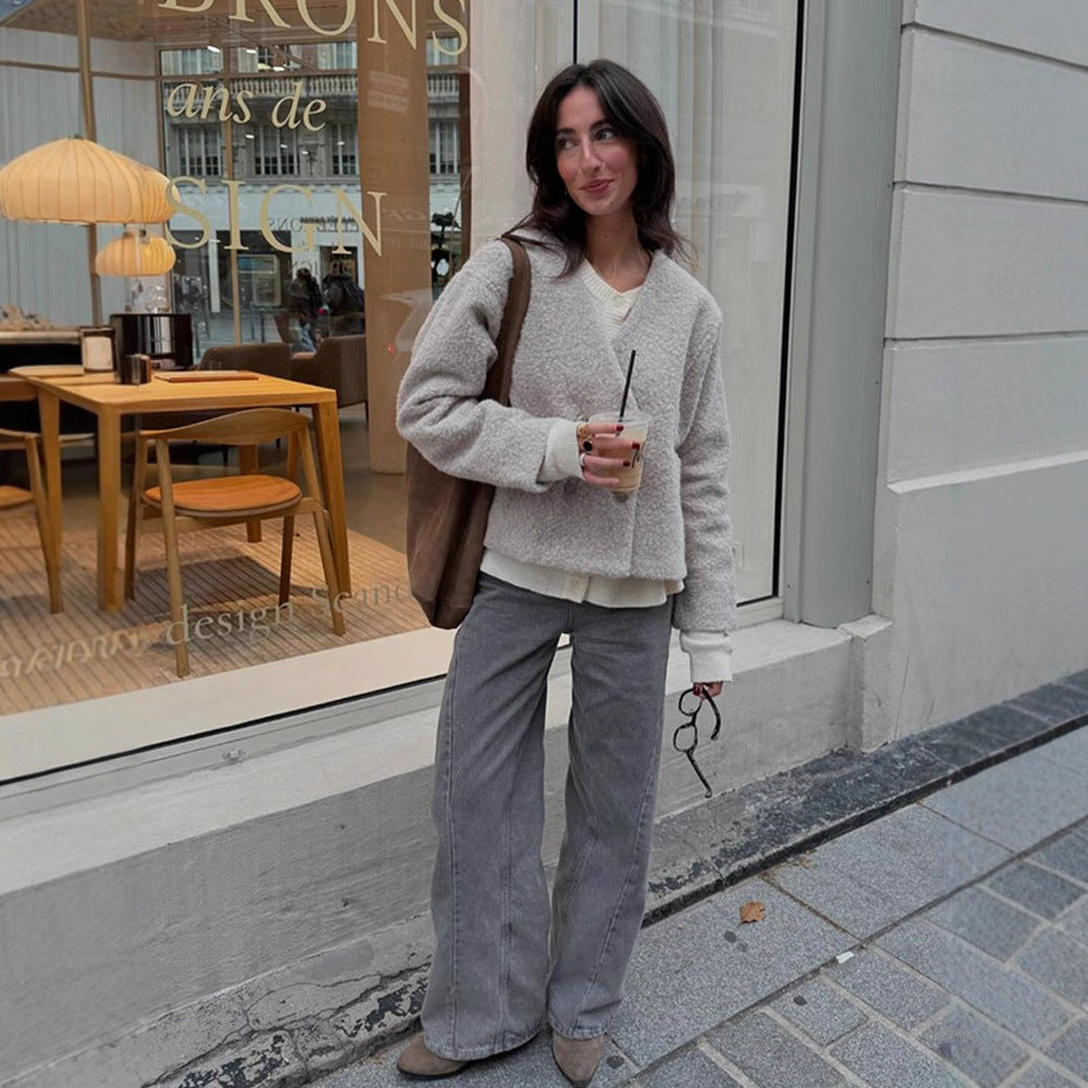 Women Short Teddy Jacket with Double Button Closure and V-Neck Amarae