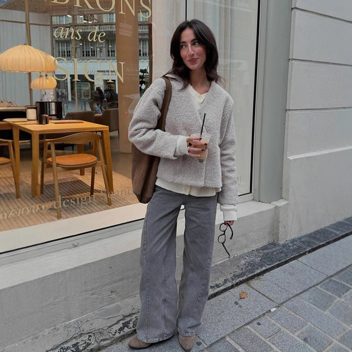 Women Short Teddy Jacket with Double Button Closure and V-Neck Amarae