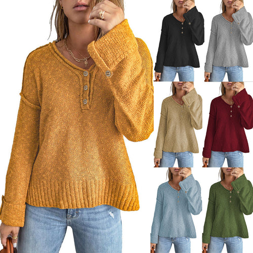 Casual knit pullover for women with button details and dropped shoulders Amarae