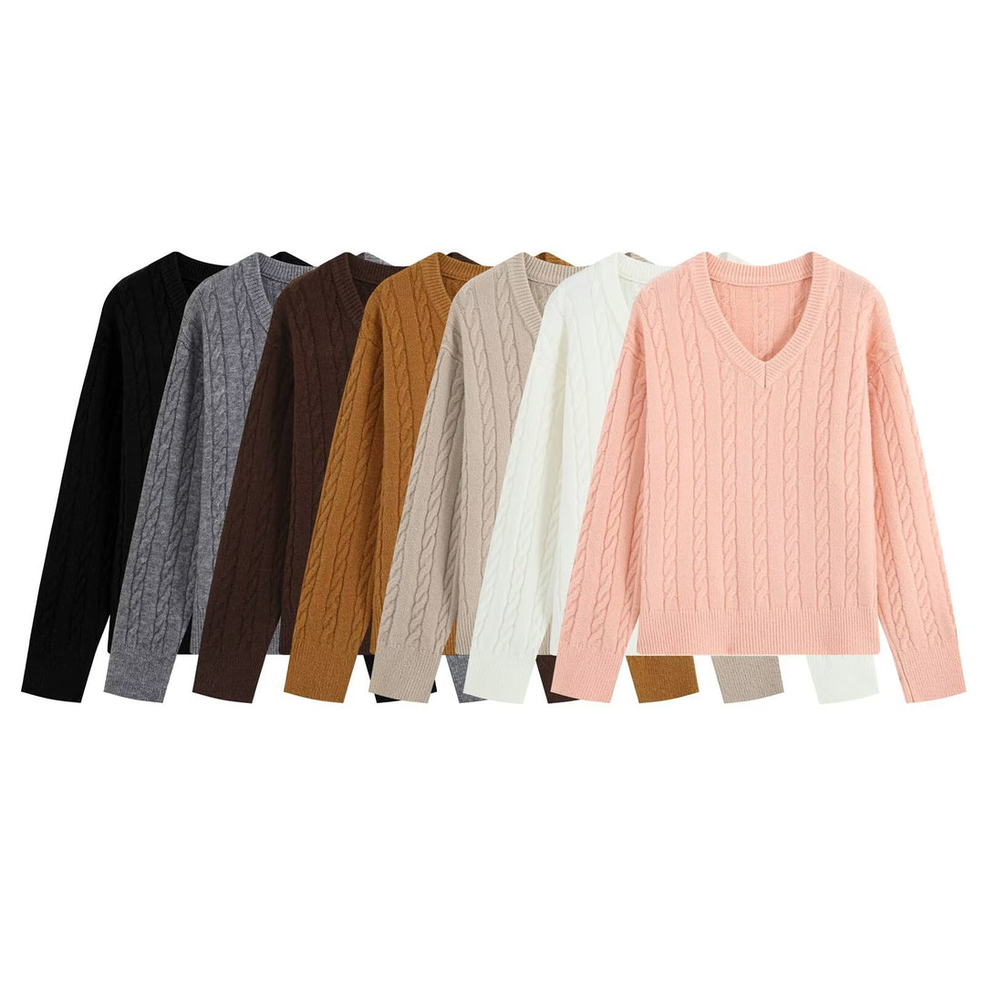 Women's Oversize Cable Knit Sweater with V-Neck and Wide Ribbed Cuff Amarae