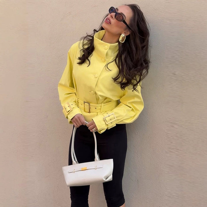 Women's short jacket with waist belt, high stand-up collar, and decorative cuffs Amarae