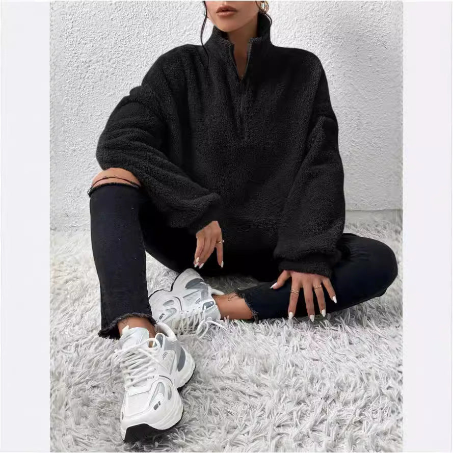 Women Soft High Neck Sweater with Half Zip Lune London