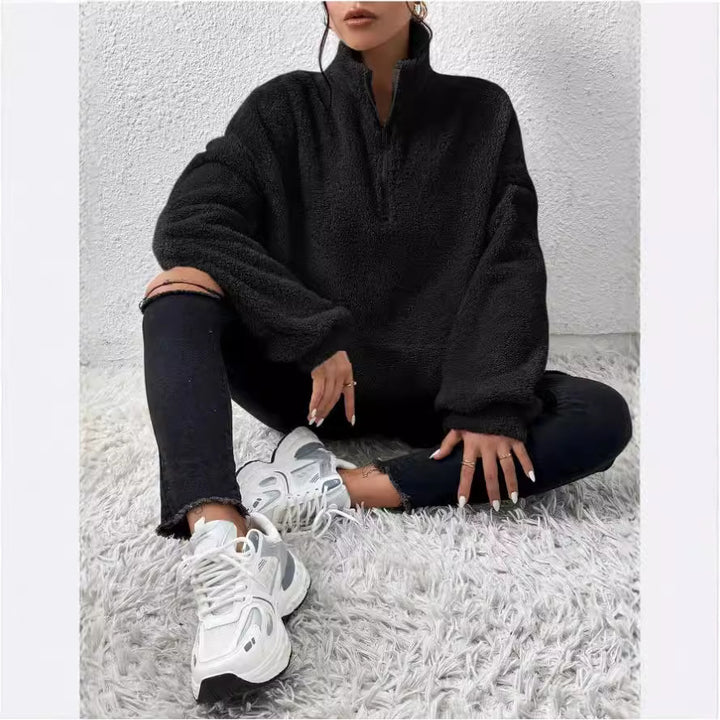 Women Soft High Neck Sweater with Half Zip Lune London