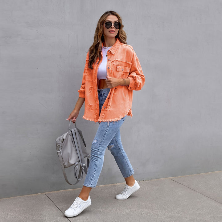 Oversized denim jacket for women with frayed edges and patch pockets Lune London