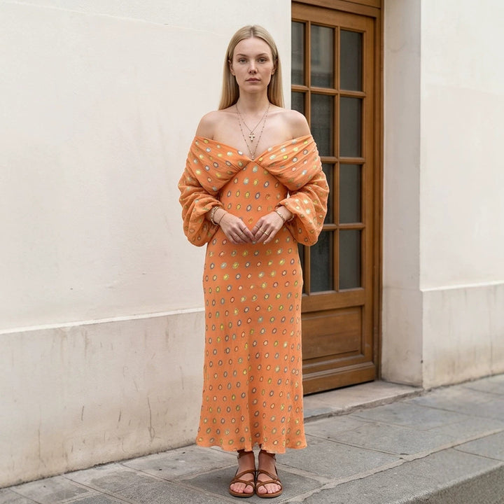 Women Elegant Off-Shoulder Maxi Dress with Twisted Front and Balloon Sleeves Amarae