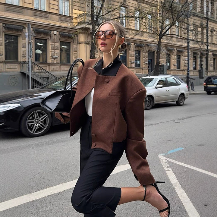 Women's Boxy Cropped Wool Jacket with Boxy Shoulder, Contrasting Lapel Collar and Hidden Button Placket Amarae