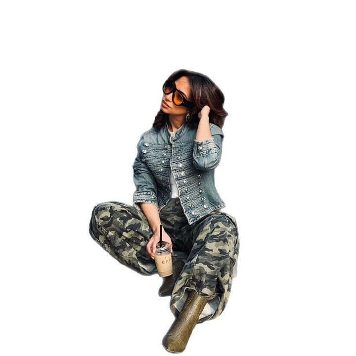 Women's Short Denim Jacket with Decorative Metal Button Rows and Fitted Silhouette Amarae
