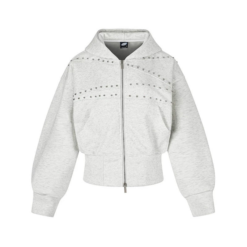 Women's short-cut zip hoodie with metallic stud detailing and wide ribbed hem Amarae