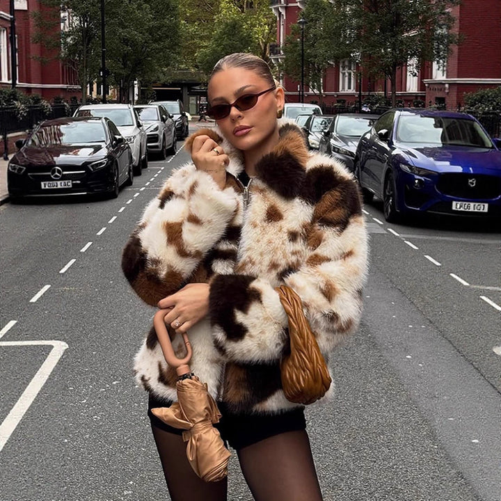 Women's Short Patchwork Faux Fur Blouson with Stand Collar and Concealed Zipper Amarae