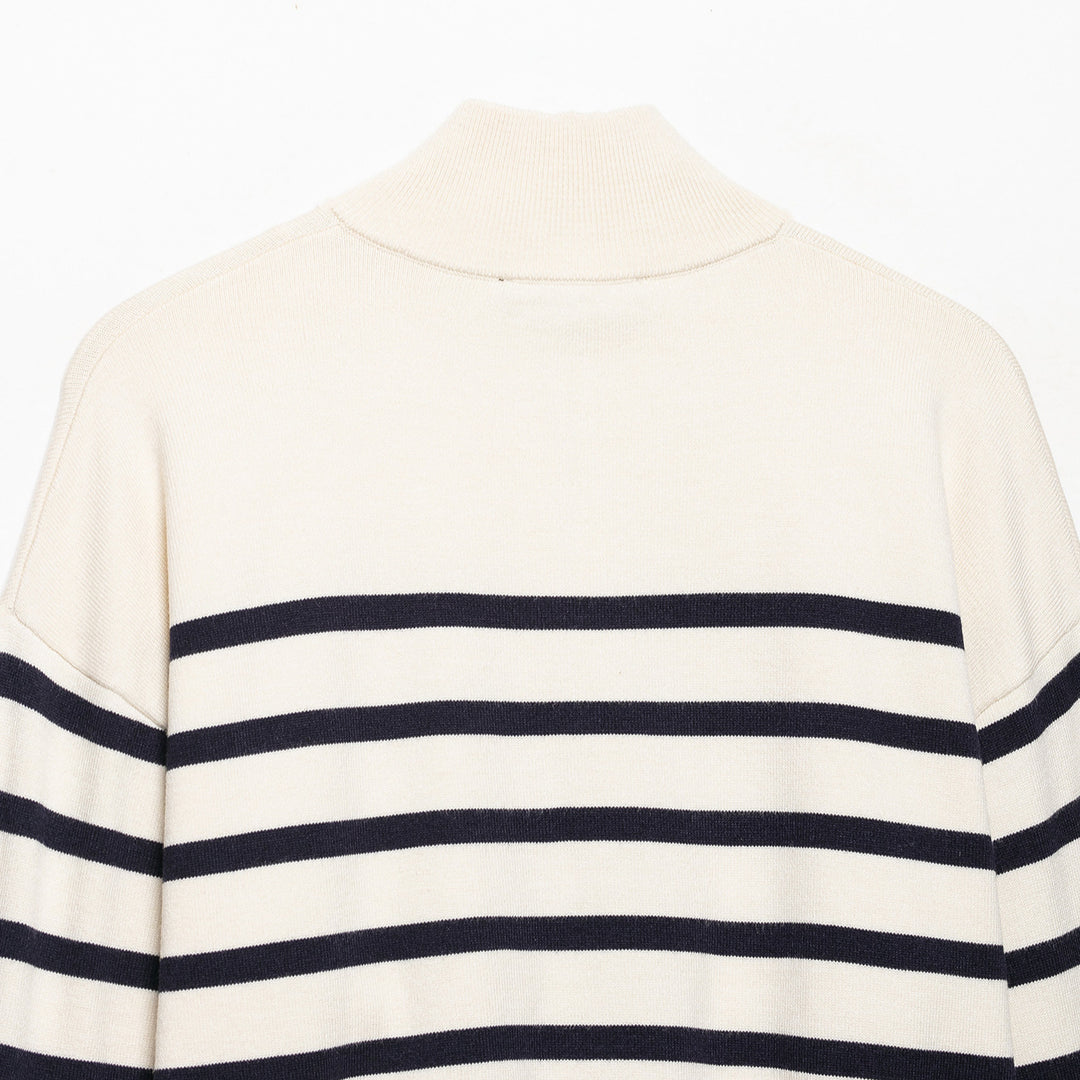 Women's Striped Half-Zip Knit Sweater with Stand-up Collar Amarae