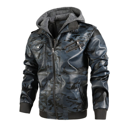Camouflage leather jacket for men with removable hood and warm lining Amarae
