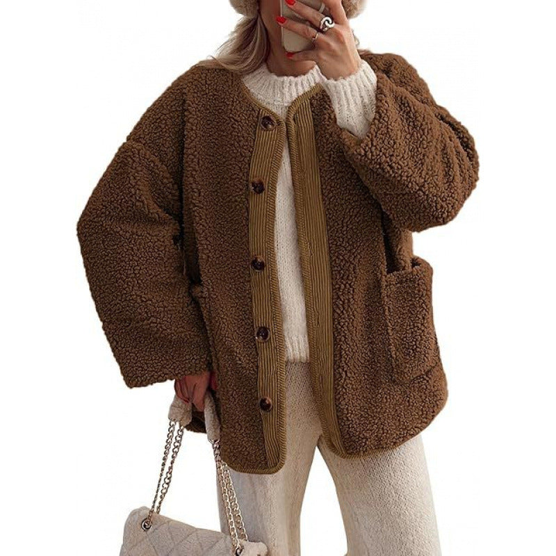 Ladies Cozy Teddy Jacket with Button Closure and Patch Pockets Lune London