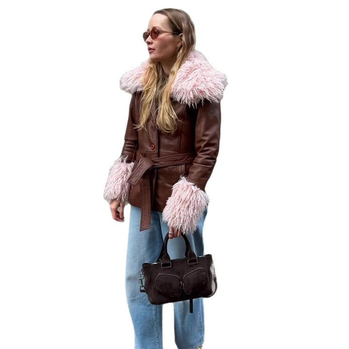 Women tailored leather imitation jacket with tie belt, opulent removable faux fur shawl collar and fur cuffs Amarae
