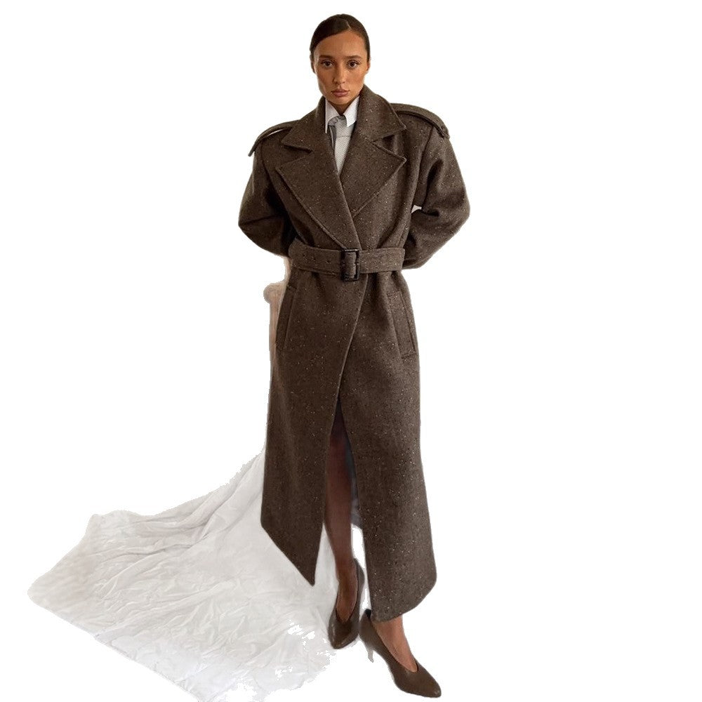 Women's Maxi-Length Wool Cocoon Coat with Emphasized Shoulder Section and Waist Belt Amarae