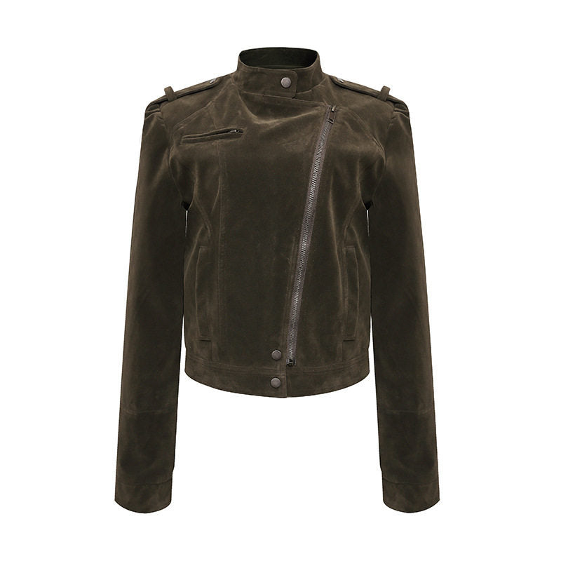 Women's Short Suede Leather Biker Jacket with Asymmetric Zipper and Stand-up Collar Amarae