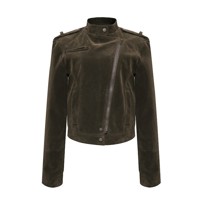 Women's Short Suede Leather Biker Jacket with Asymmetric Zipper and Stand-up Collar Amarae