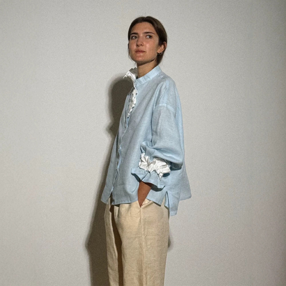 Women's lightweight linen blouse with stand-up collar, oversized silhouette and gathered cuffs Amarae