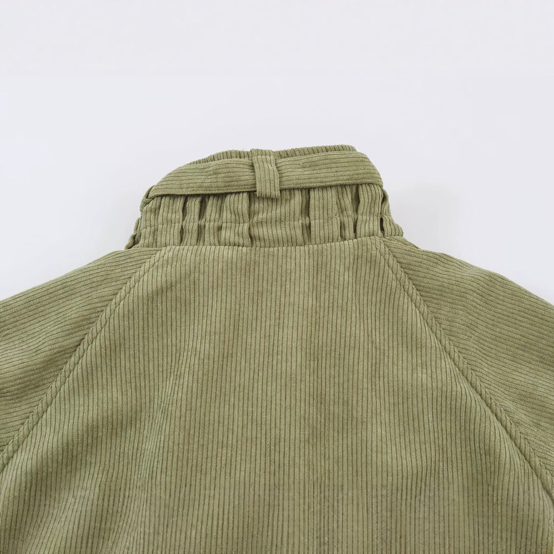Women's Cord Field Jacket with Waist Belt and Stand-Up Collar Amarae