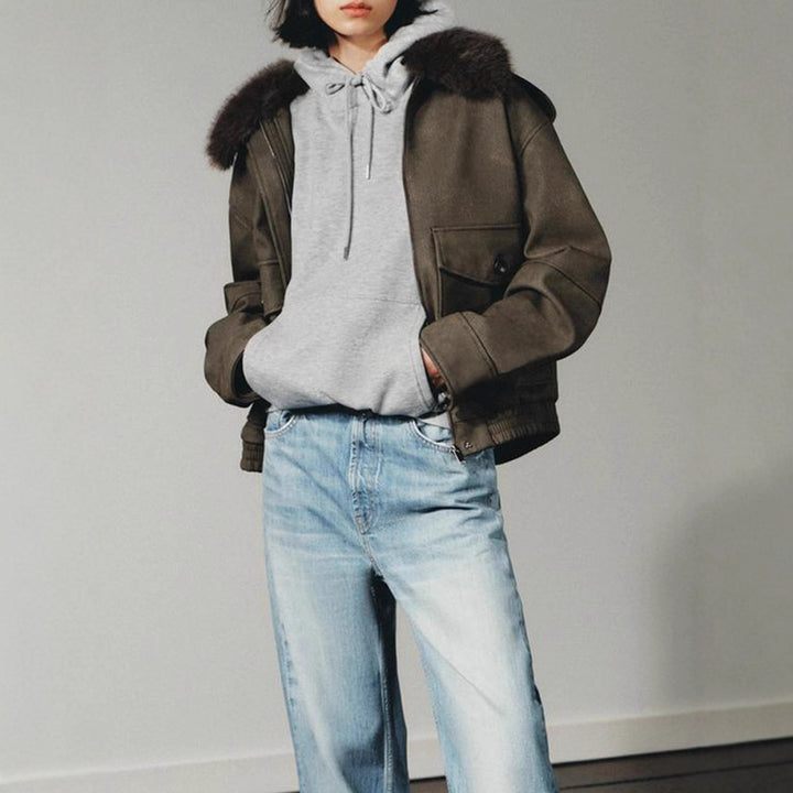 Women's short jacket in aviator style with faux fur hood and patch pockets Amarae