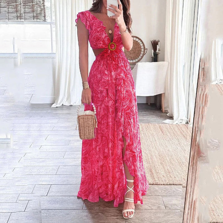 Robe maxi longue pour femmes avec design élégant à découpes et encolure à volants Chic & Stil