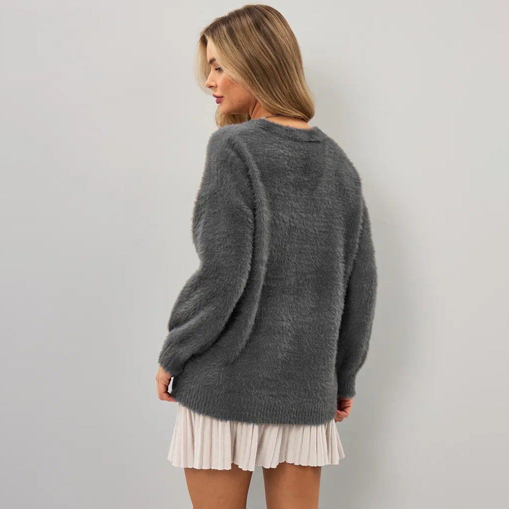 Women Plush Cardigan with Deep V Neckline and Button Details Lune London